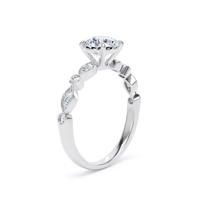 Platinum round brilliant cut lab grown diamond ring with diamond set shoulders side view