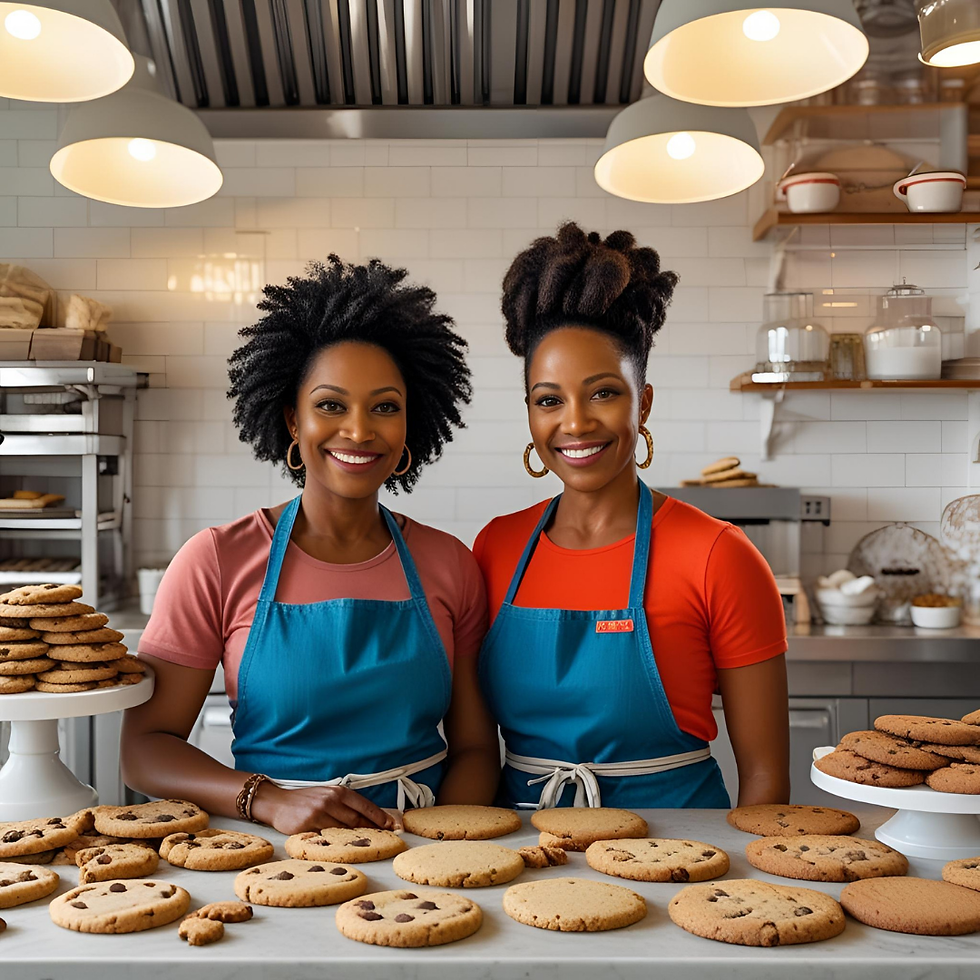 Two female bakers standing in a bakery kitchen with freshly baked cookies, representing small bakery owners avoiding common mistakes.