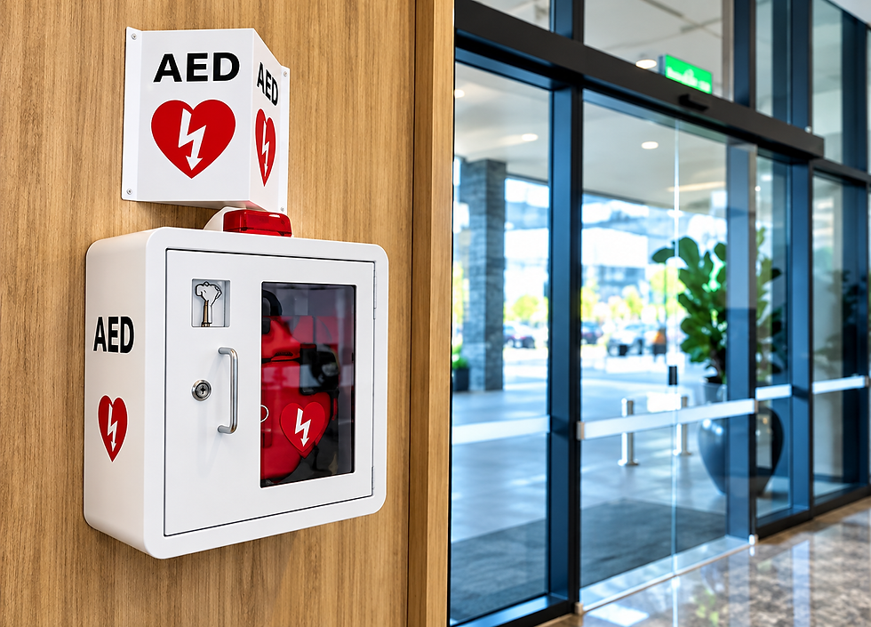 Close-up view of an automated external defibrillator mounted on a wall in a public recreation area.