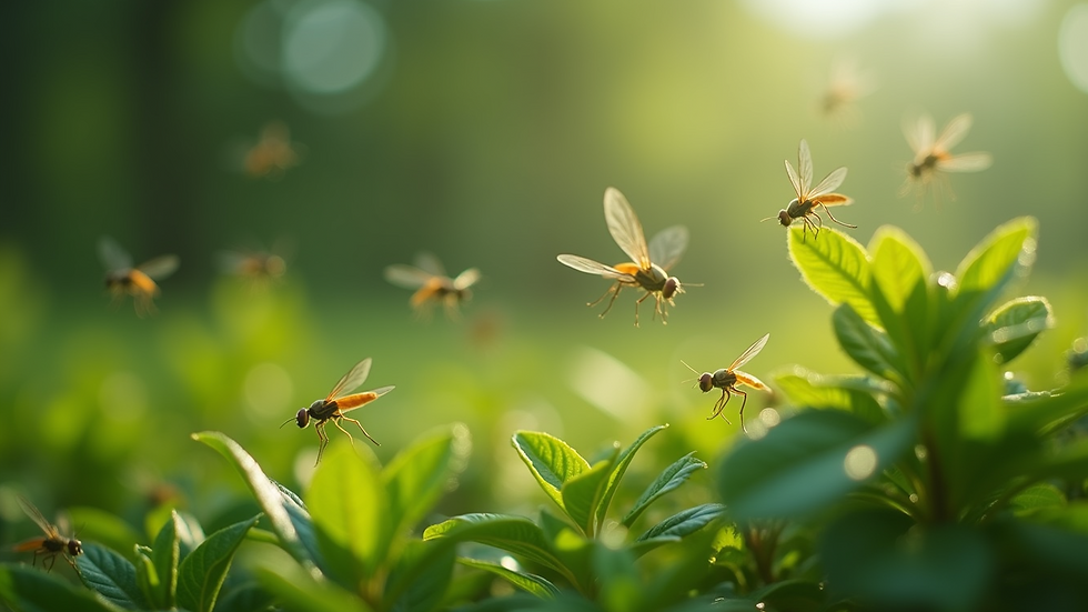 Eye-level view of whiteflies hovering over green foliage
