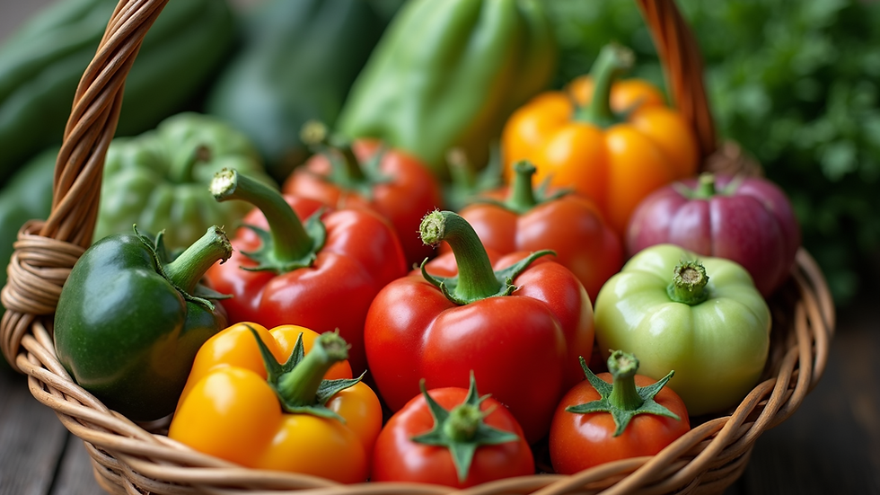 High-angle view of assorted vegetables in a basket