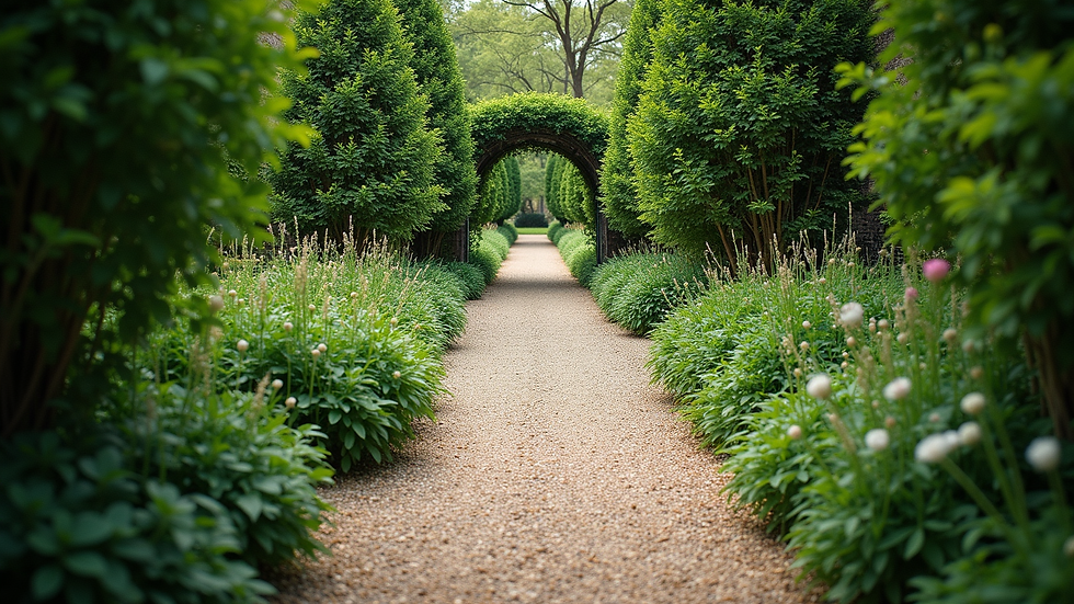 High-angle view of a beautifully designed gravel path through lush greenery