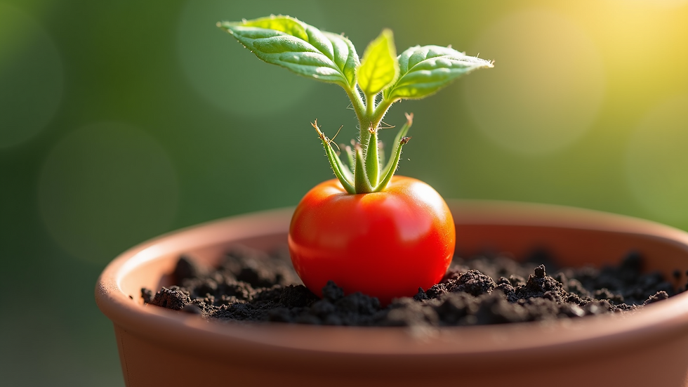 Close-up view of tomato seedling in a small pot