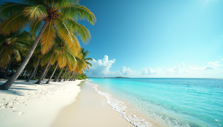 Eye-level view of a pristine Palolem Beach with turquoise water and palm trees