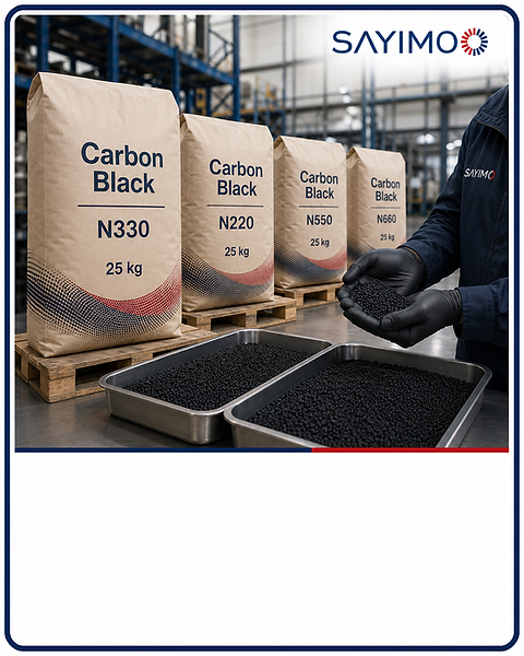 SAYIMO carbon black product card showing 25 kg paper bags labeled N220, N330, N550 and N660, black granules in metal trays, and a worker holding carbon black pellets in an industrial warehouse