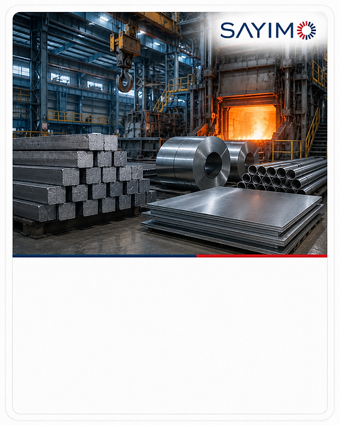 Steel and metallurgy production facility with billets, coils, pipes and industrial furnace