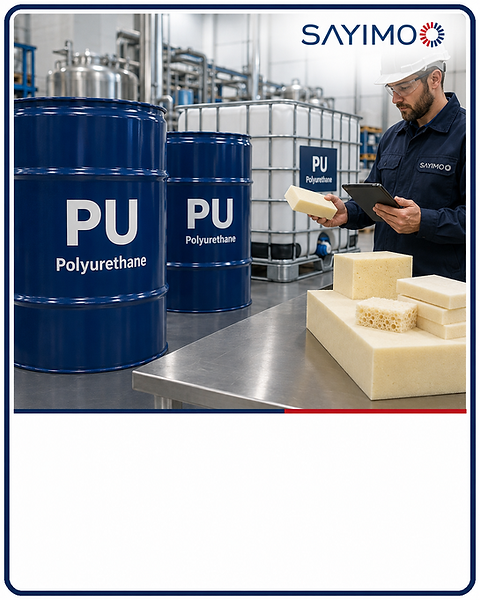 PU polyurethane drums, polymer pellets and foam samples in an industrial facility