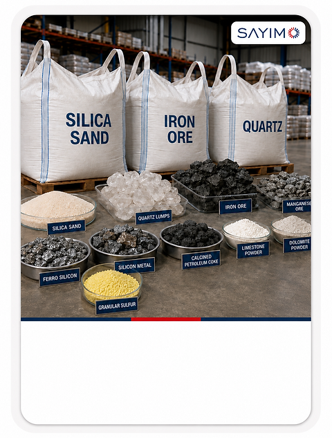 Industrial minerals and raw materials including Silica Sand, Quartz, Iron Ore, Manganese Ore, Ferro Silicon, Silicon Metal and Granular Sulfur
