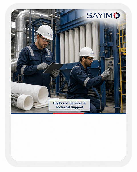Two industrial technicians inspecting and documenting a Baghouse filtration system inside a manufacturing plant
