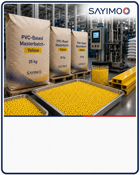 SAYIMO PVC-based yellow masterbatch showing 25 kg bags, yellow polymer granules, sample containers, and yellow extruded profiles in an industrial facility