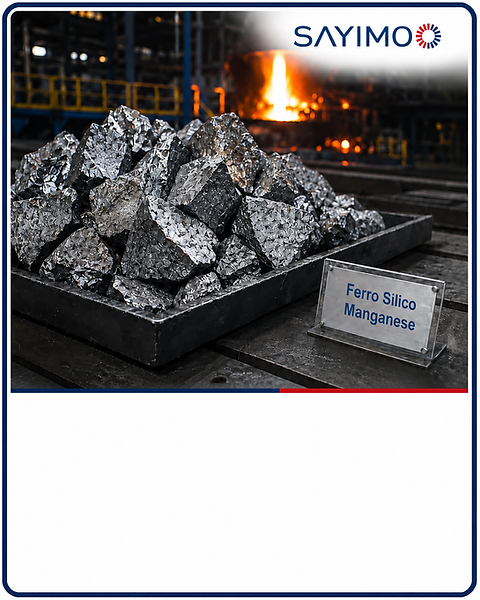 SAYIMO Ferro Silico Manganese product card showing metallic alloy lumps in a metal tray inside a steelmaking facility with a glowing furnace in the background