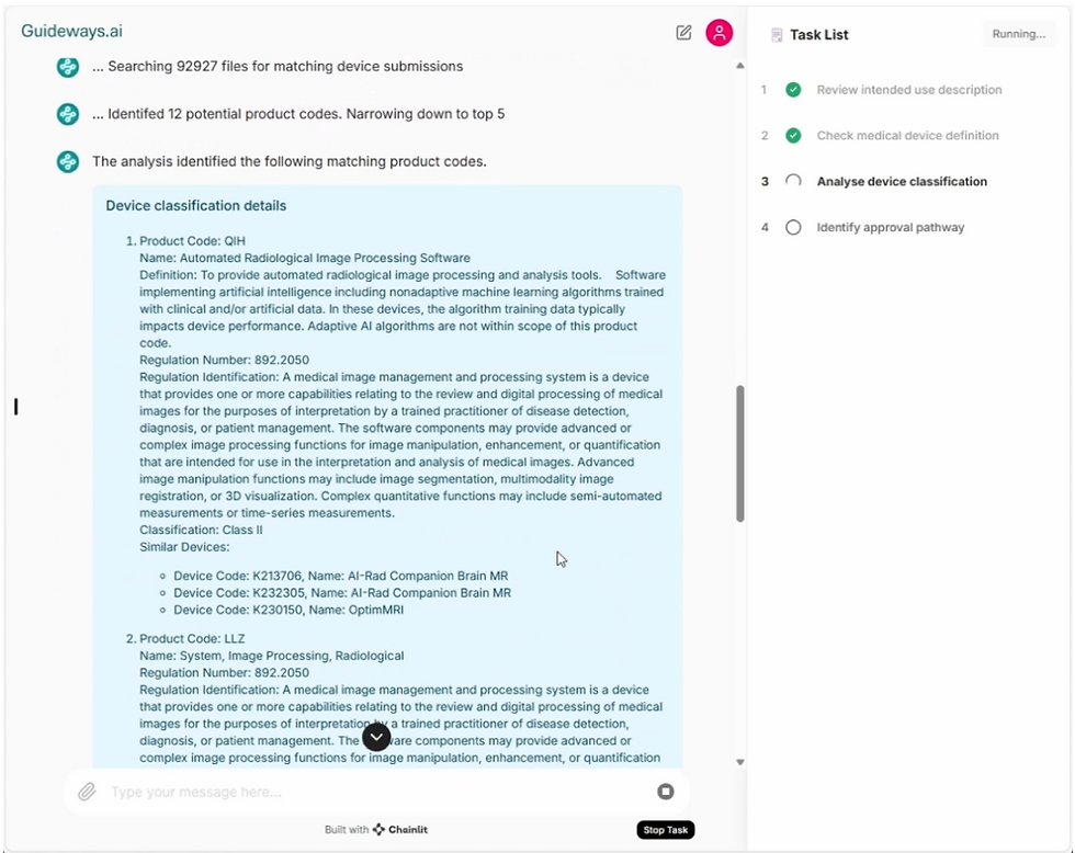 Screenshot of Guideways.ai's AI agent for FDA approval of medical devices
