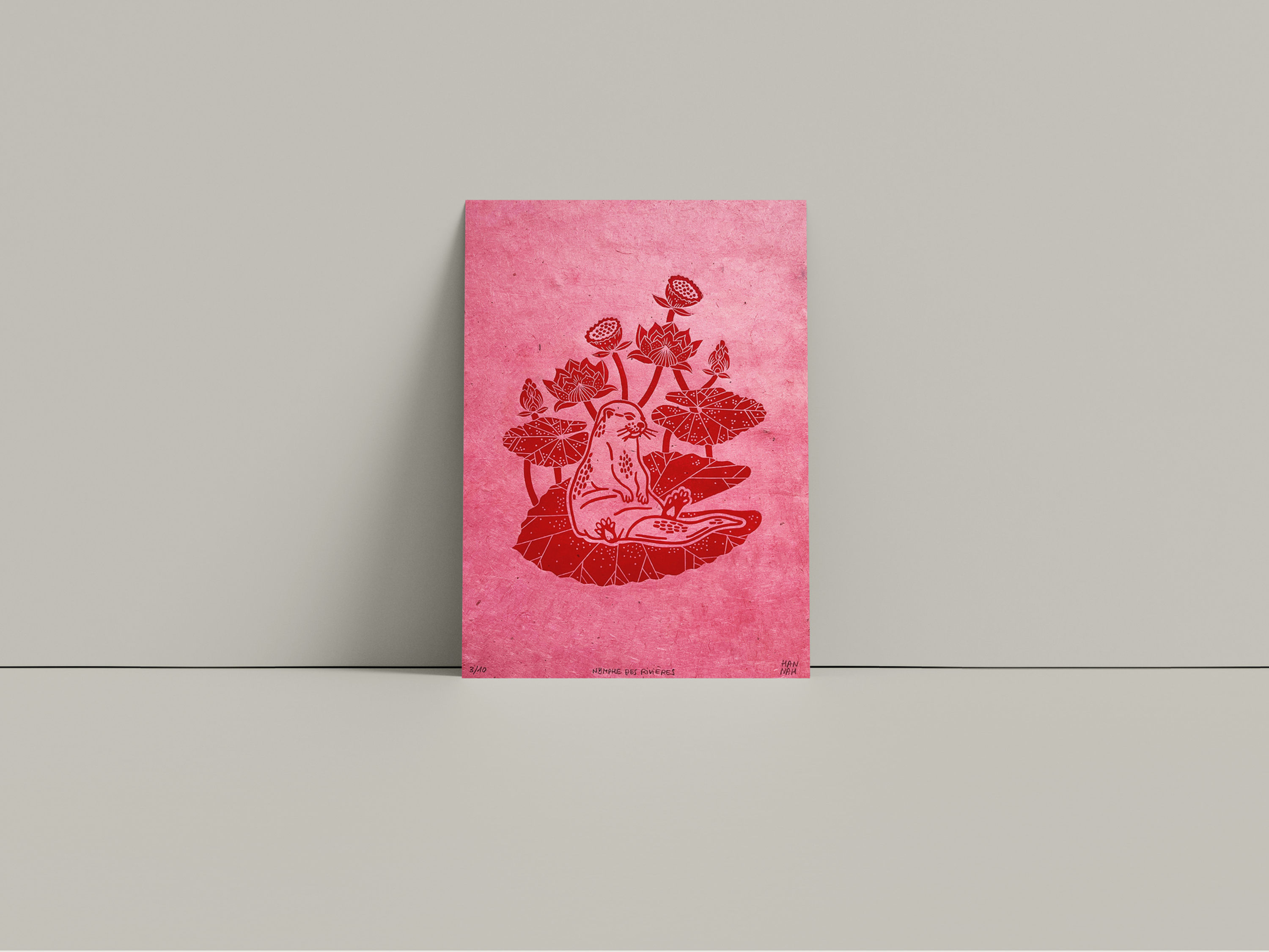 Linogravure nymphe des rivières loutre rose et rouge