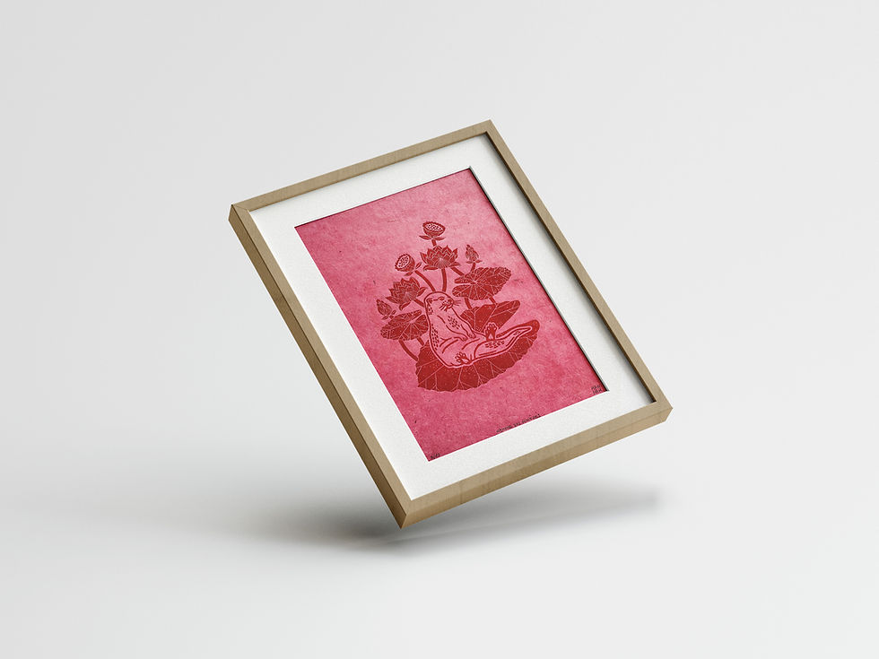 Miniature : Linogravure nymphe des rivières loutre rose et rouge