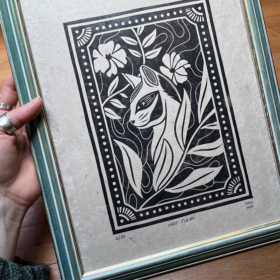 Miniature : Linogravure de chat encadrée