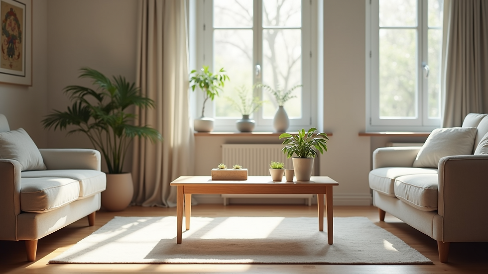 Eye-level view of a clean and organised living room with natural light