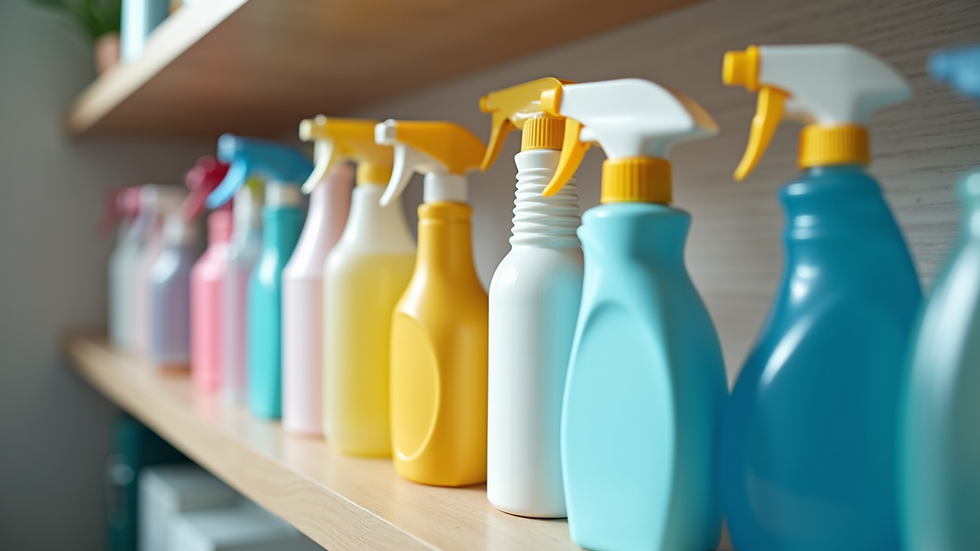 Close-up view of cleaning supplies arranged neatly on a shelf