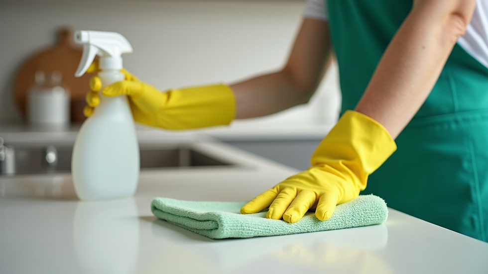 Close-up view of a professional cleaner using eco-friendly products on a kitchen countertop