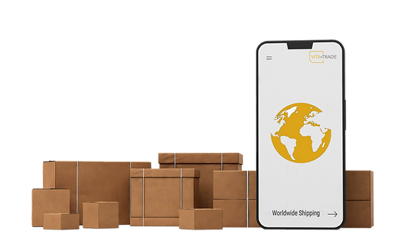 Pakete verschiedener Größen und ein Smartphone mit dem Text 'Worldwide Shipping' auf dem Display, auf einem neutralen Hinterg