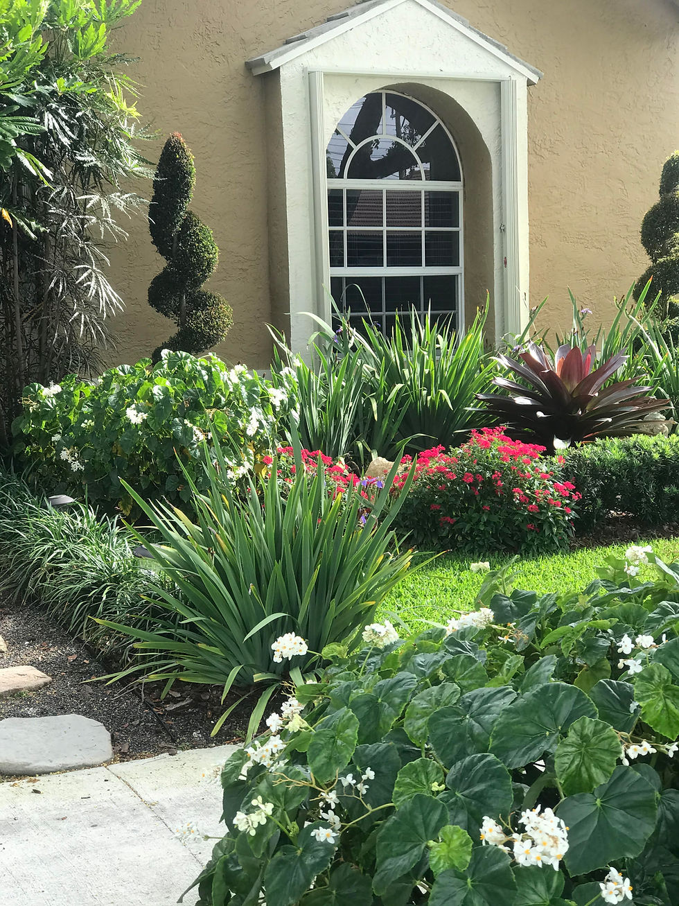 Lush garden with white and red flowers, green shrubs, and a spiral topiary. Tan house with arched window in the background. Bright, serene setting.