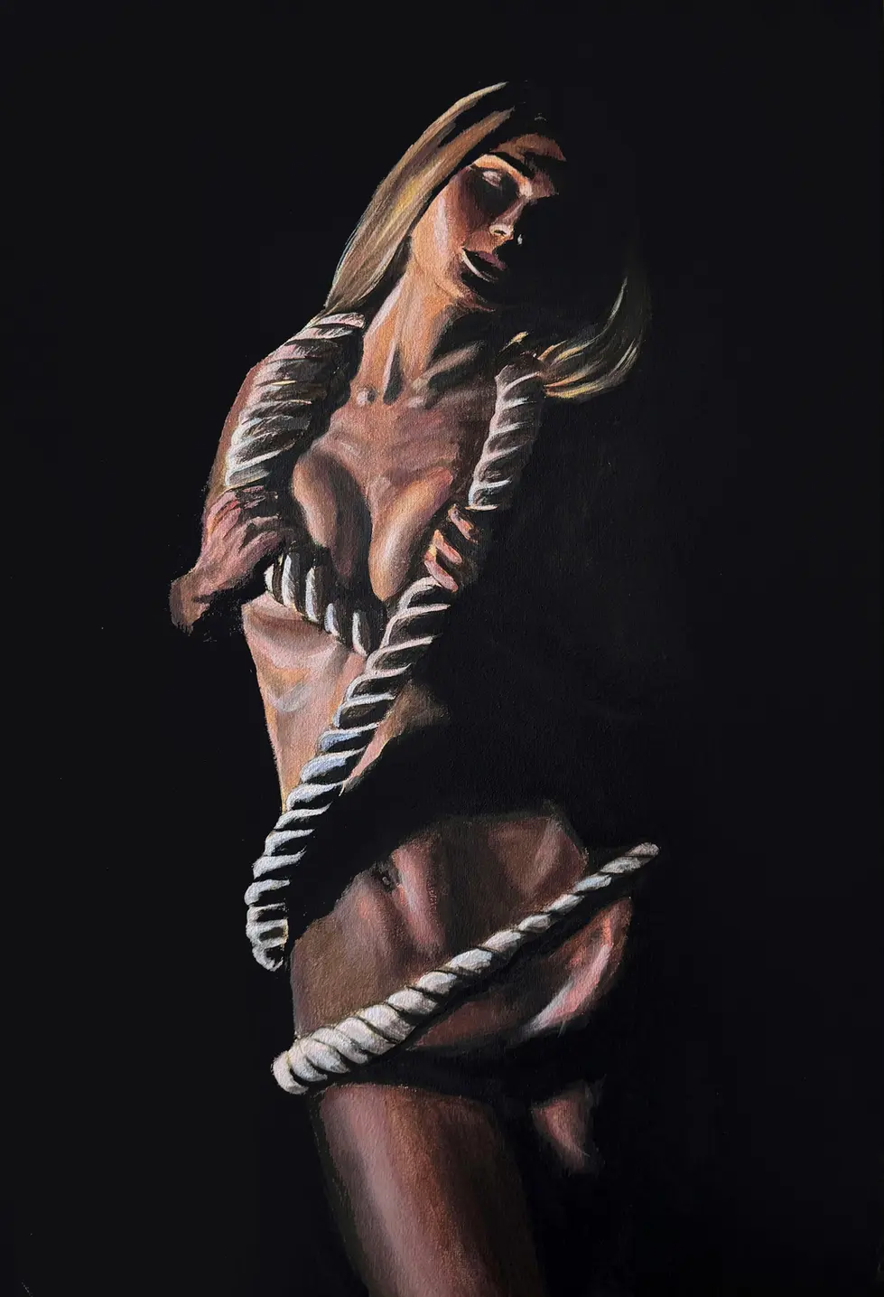 Картина оголеної жінки зі зв’язаними руками у символічному стилі, сучасний живопис на полотні