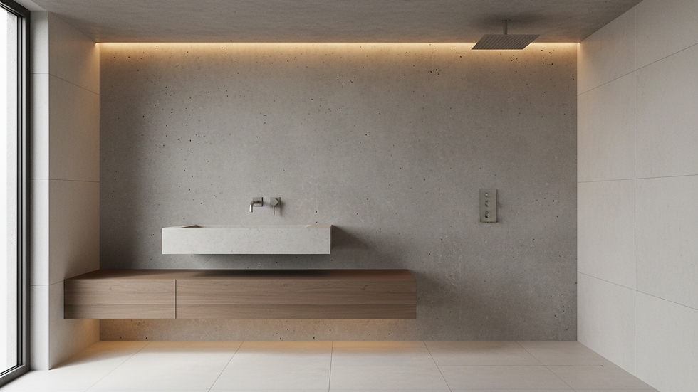 Close-up of modern bathroom fixtures including taps and showerhead