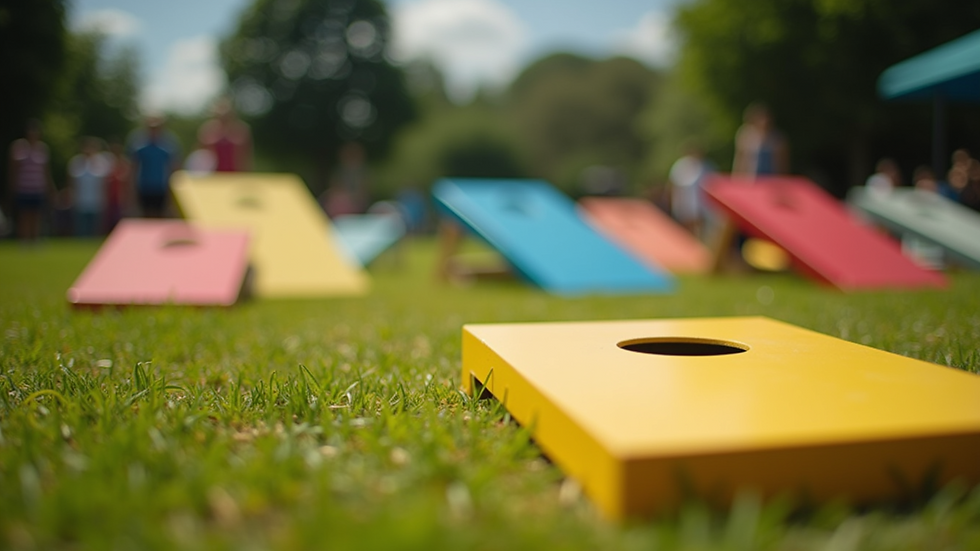 Eye-level view of a colorful cornhole game set up outdoors