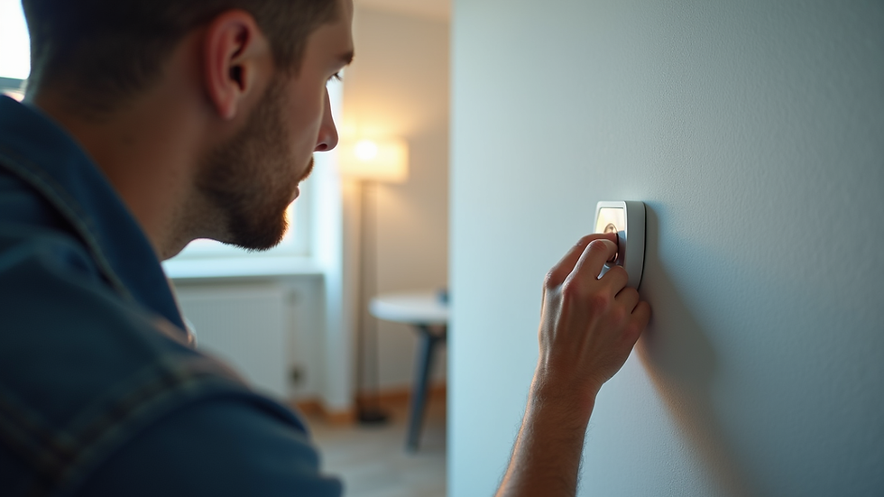 Eye-level view of a technician installing a thermostat on a wall