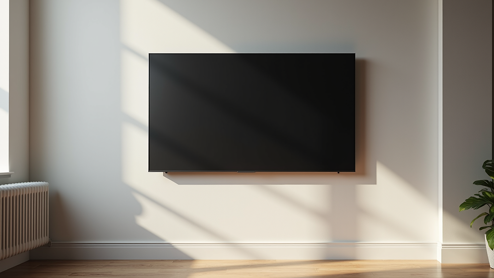 Eye-level view of a mounted flat screen TV angled away from the wall