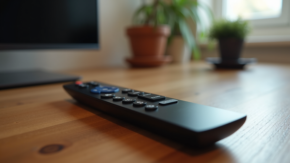 Close-up view of a smart TV remote control on a wooden table