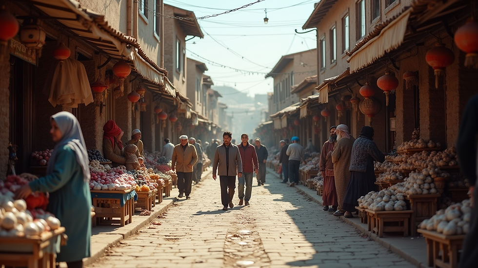 Eye-level view of a traditional Uyghur market street in Xinjiang