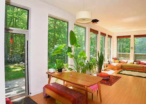 Dining and living room with huge windows