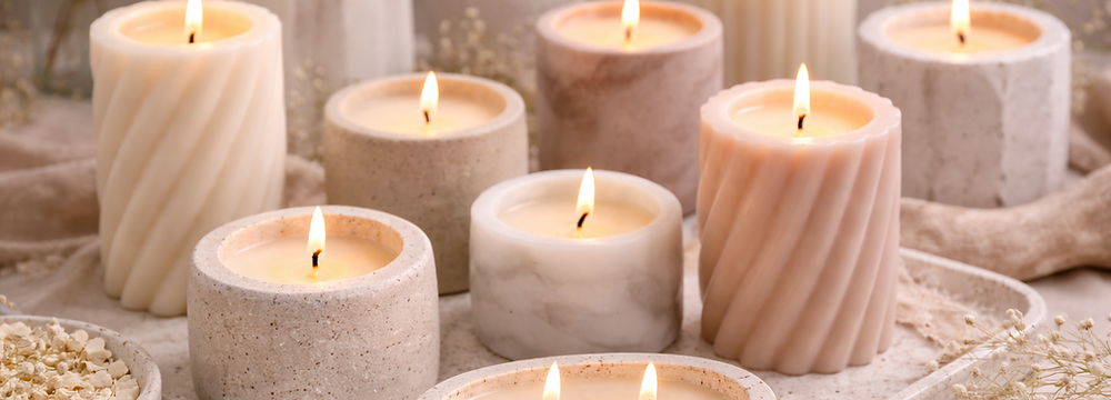 Selbst gegossene Kerzenform aus Raysin mit Kerze, warmes Licht