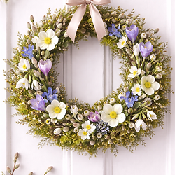 Handgebundener Frühlingskranz aus Moos, Weidenkätzchen und Frühlingsblumen