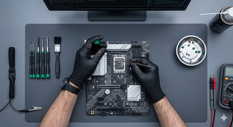 repairing motherboard on a desk with tools