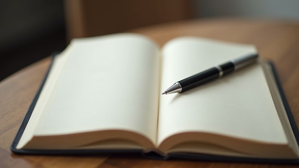 Close-up view of an open journal with a pen resting on a blank page