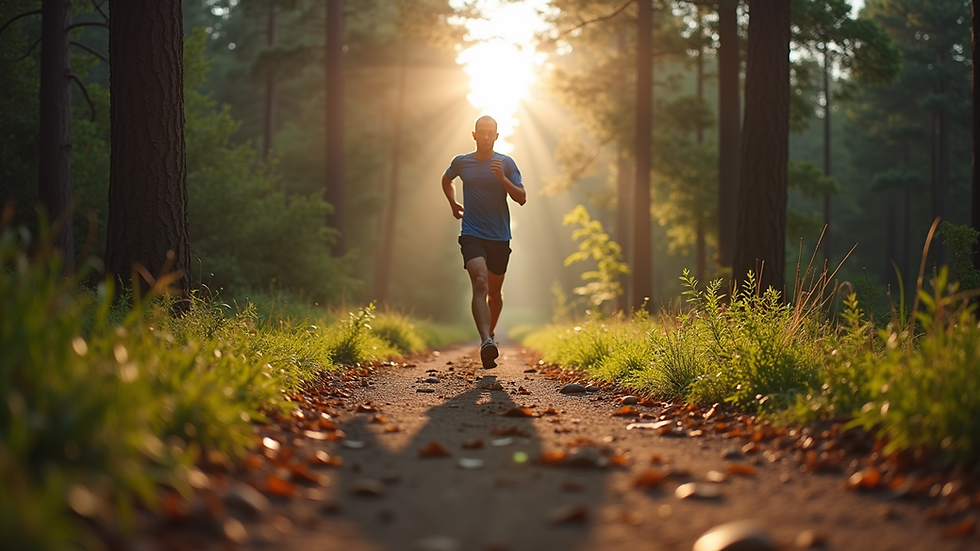 Eye-level view of a runner jogging on a forest trail