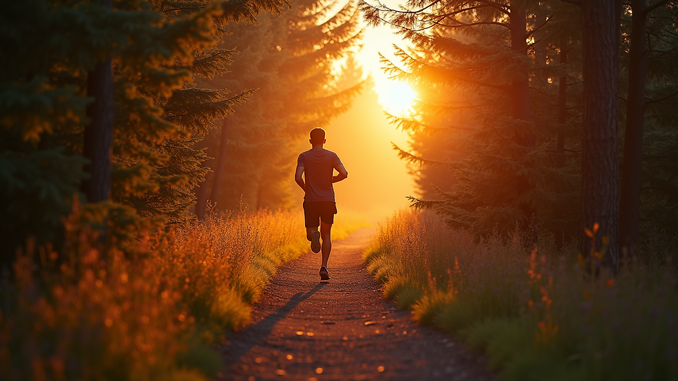 Wide angle view of a runner jogging on a forest trail during sunrise