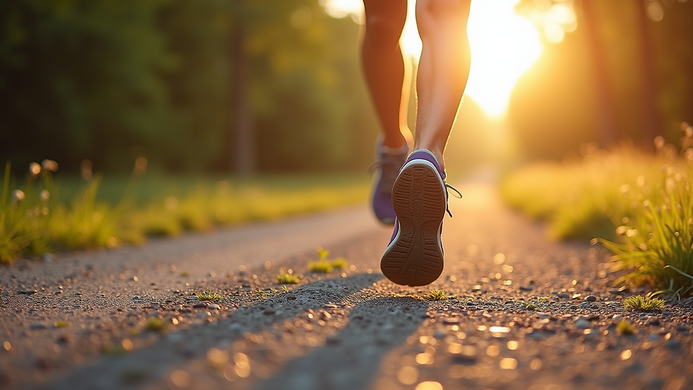 Close-up view of running shoes on a gravel path with sunlight