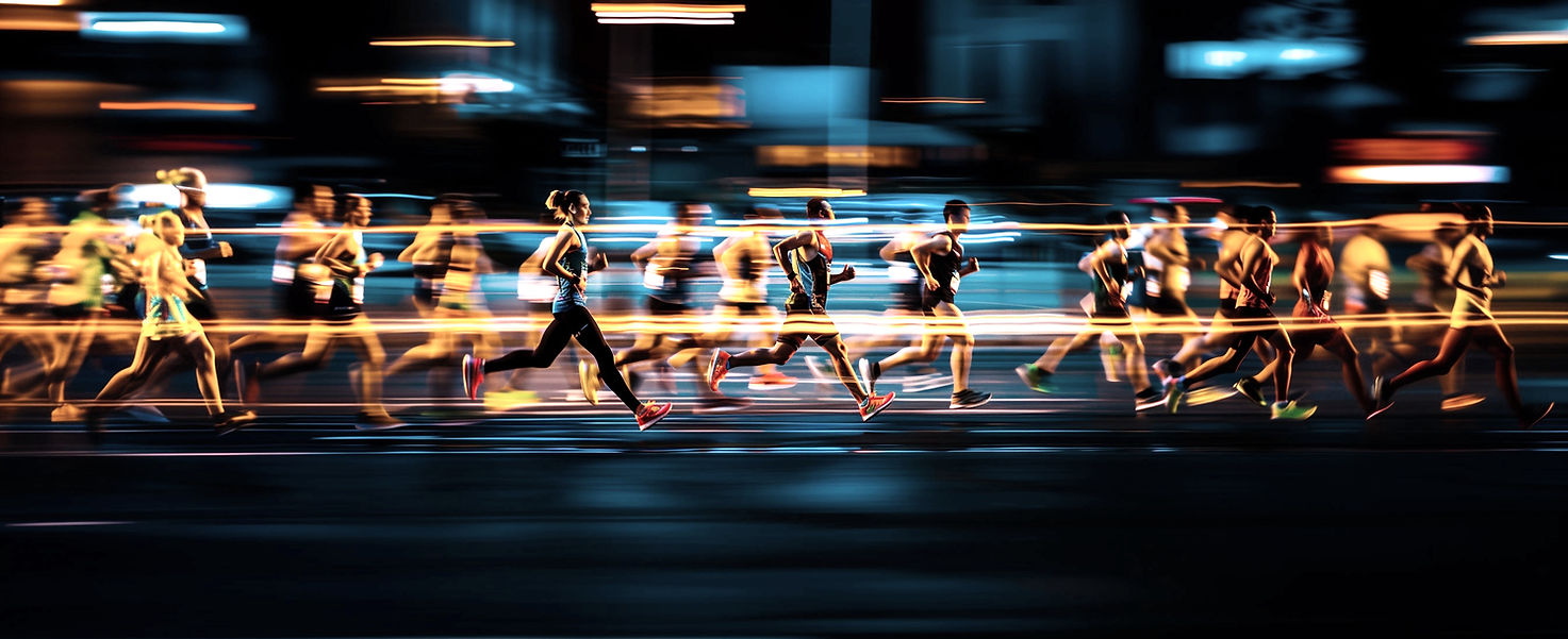 Cinematic nighttime sports photography with motion blur and colorful city lights capturing the energy and speed of urban athl