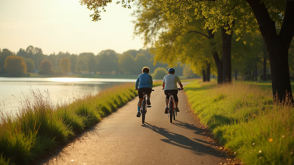 Wide angle view of a vibrant cycling path by a lake
