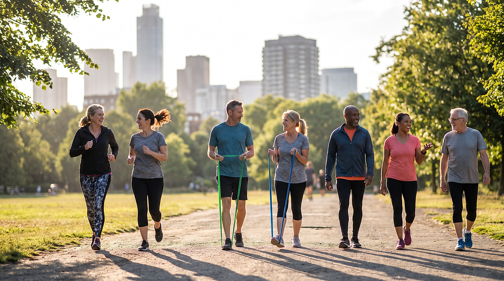 Group of adults doing a mix of walking, jogging, and resistance band exercises together in a park