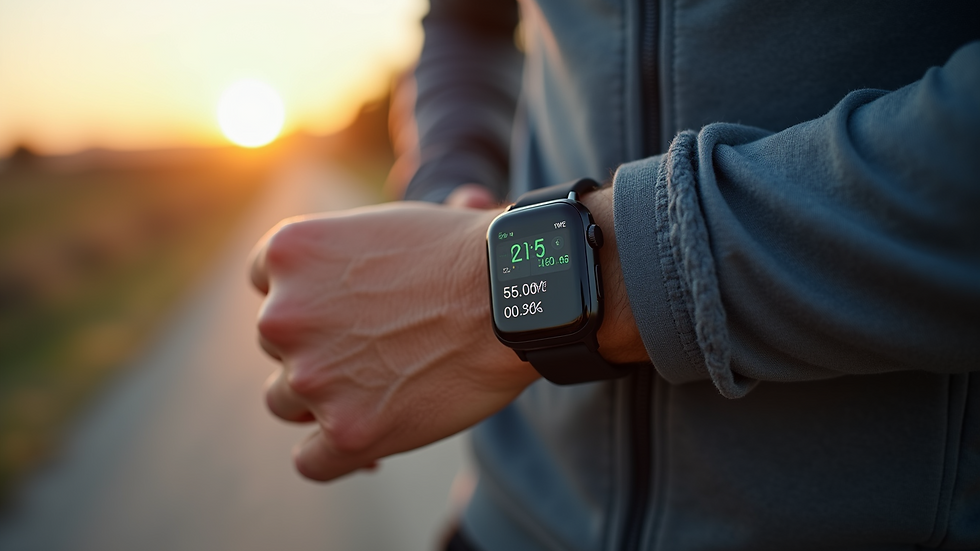 Close-up of a smartwatch displaying running metrics during a workout