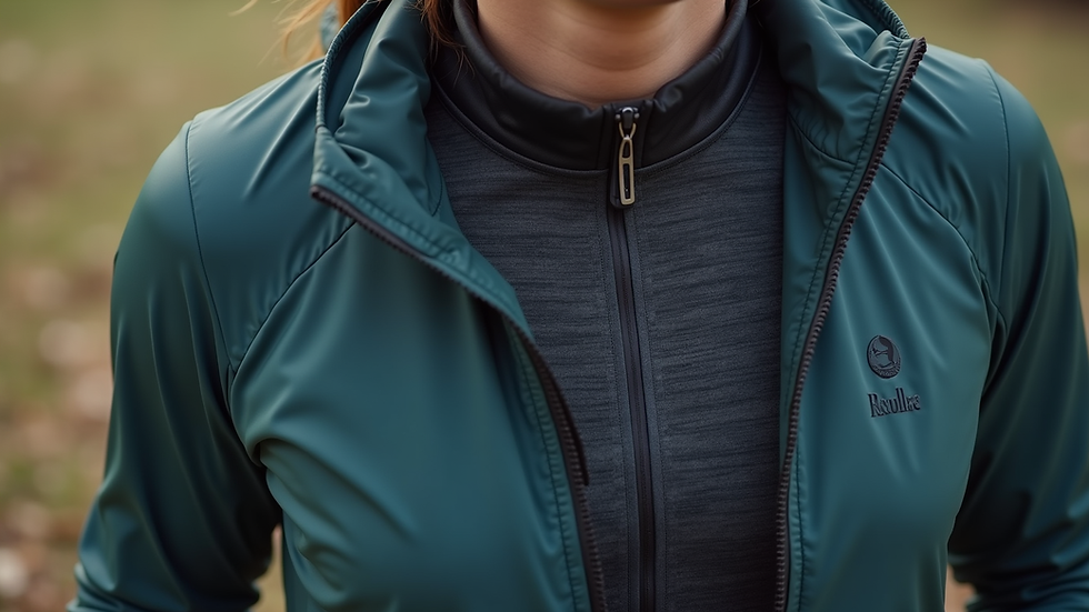 Close-up view of layered running apparel with moisture-wicking base layer and windbreaker jacket