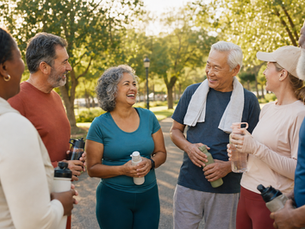 A running coach points to a neighborhood route map while a diverse group of adults listens together at a waterfront park.