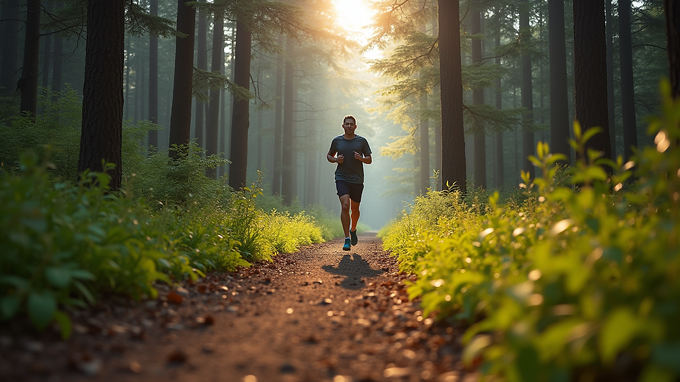 Eye-level view of a single runner jogging on a forest trail