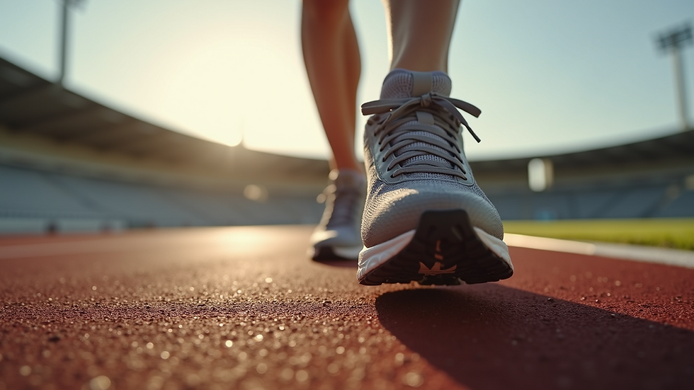 High angle view of a close-up running shoe on a track