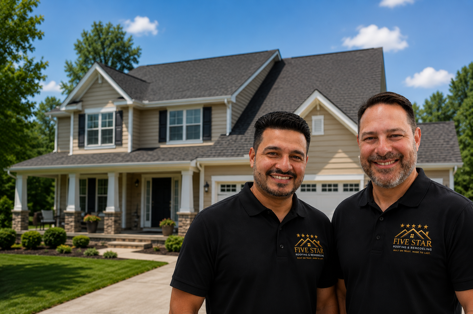 Five Star Roofing team standing in front of a Maryland home