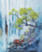 Peinture "To Be or Not to Be" d'un arbre solide poussant devant une cascade.