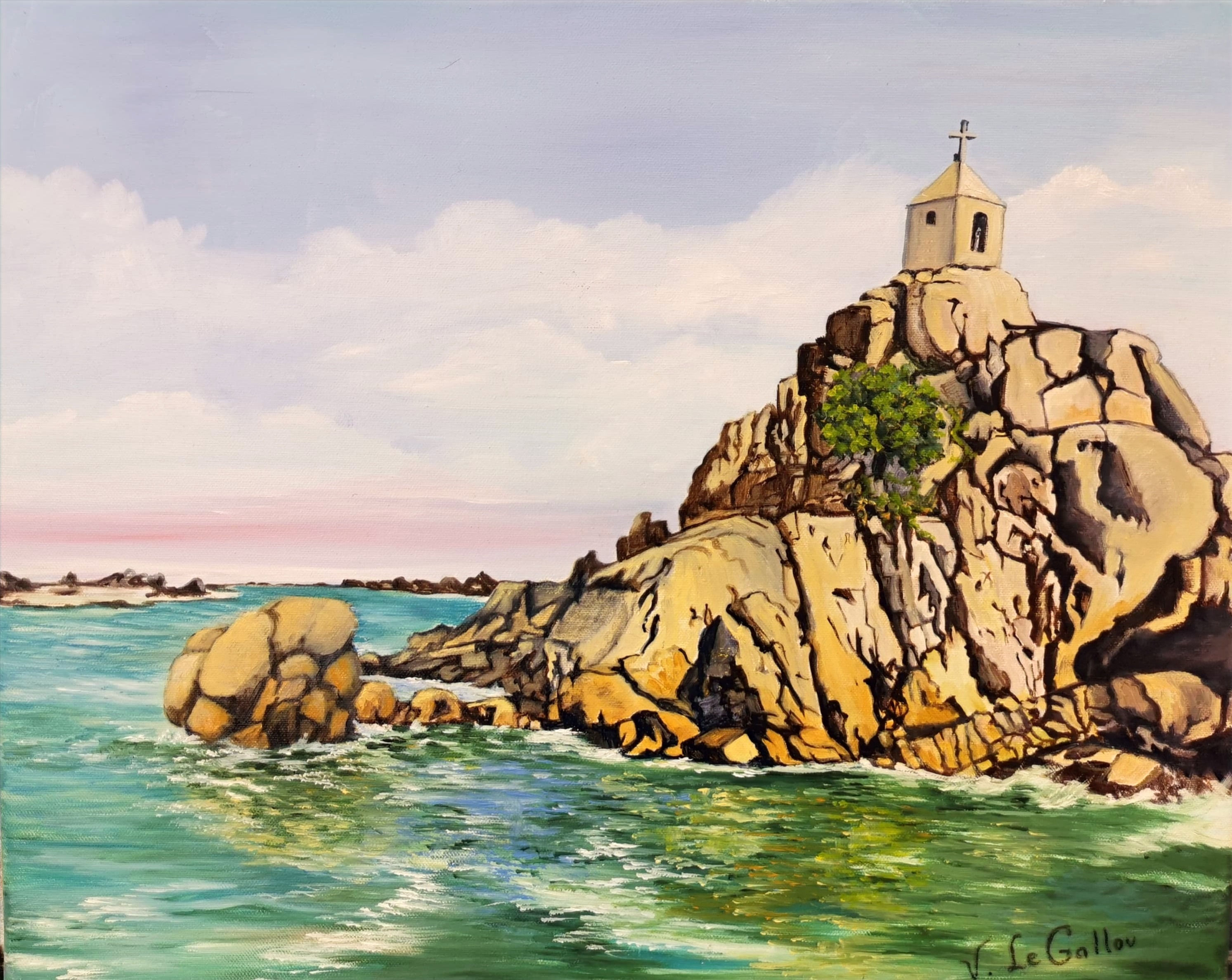 Peinture réaliste du rocher de "LA SENTINELLE DE PORT BLANC" des Côtes d'Armor, par l'artiste peintre paysagiste Violette Le